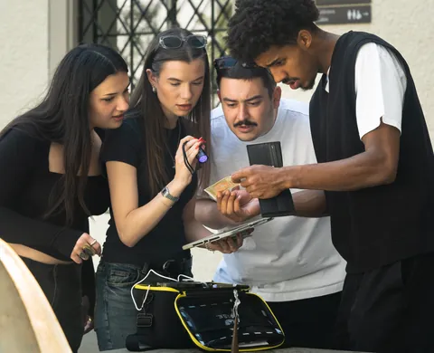 Team checks a clue over the mission bag