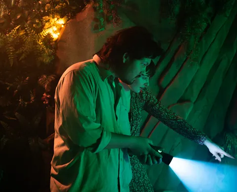Players with a torch in the island jungle