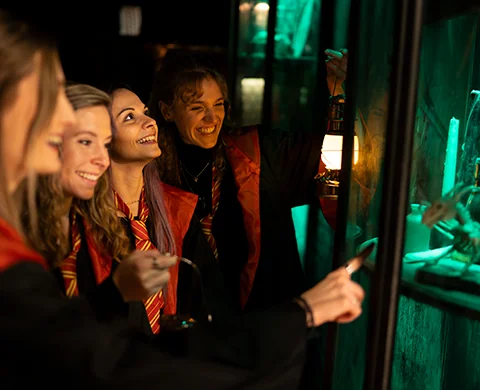 World of Magic Escape Room Spielerinnen untersuchen eine leuchtende Vitrine